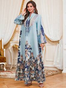 Đầm dài tay cổ chữ V đính cườm, in họa tiết jacquard, kiểu dáng cổ điển thanh lịch thường ngày dành cho nữ dịp Eid Al-Fitr & Eid Al-Adha, thích hợp cho mùa xuân. - Màu xanh nhạt - Xem 5
