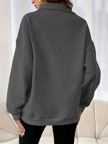 New  Zipper Side Pocket Pullover Casual Long-Sleeved Round-Neck Fall-Winter Style Date And Commuting Warm-Up Hoodie - 深灰色 - 查看 2