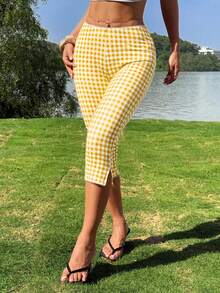 Women's Retro Skinny Fit Gingham Capri Pants With Delicate Lace Trim Side Slit Comfortable Cropped Trousers For Casual Daily Outfits - 黃色 - 查看 5