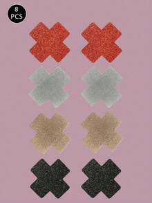 8pcs Glitter Cross Nipple Pasties, Sexy Party Club Nipple Covers, Harmless Adhesive Directly Stick On Skin, Polyester Girl Chest Petals Cover Up, Suitable For Daily Wear - Multicolor - View 8