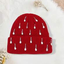 Gorro de punto con adornos de diamantes de imitación para mujer, gorro cálido de invierno para ir de compras al aire libre, citas y esquí. - Burdeos - Ver 3