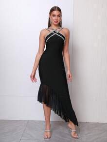 Love Aing 女士时尚手工水晶串珠网纱交叉性感派对宴会鸡尾酒会不对称绷带连衣裙婚礼宾客礼服正式晚礼服春季长裙 - 黑色 - 查看 6