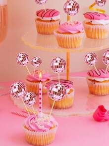 24个迪斯科球纸杯蛋糕装饰插牌，生日快乐蛋糕装饰，70年代复古蛋糕装饰，闪亮粉色迷你迪斯科球装饰，适合70年代80年代主题派对用品、婴儿派对、生日装饰（粉色和银色） - 彩色 - 查看 5