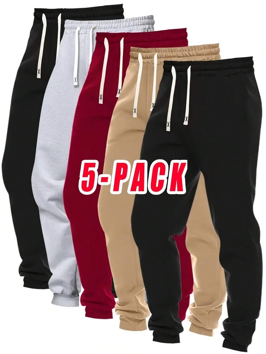 5-Pack Men's Casual Jogger Pants - Multiple Colors, Elastic Drawstring Waist, Multiple Pockets, Breathable Fabric For Gym, Running, Lounge & Casual Attire - Regular Fit Tapered Ankle, Machine Washable