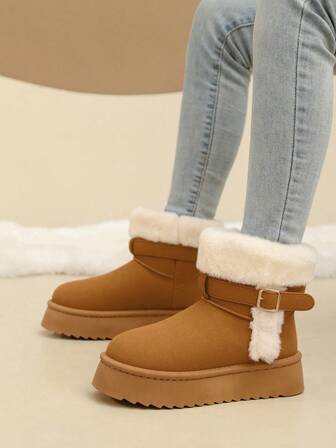 Enfärgade gatustil termiskt fodrade snöstövlar, nya vinterinomhusvarma stövlar med mjuka tjocka sulor