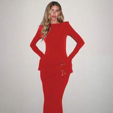European And American Women's Fashion Autumn Winter New Style Personality Metal Decoration Round Neck Elegant Slim Fit Long Sleeve Dress - 紅色K24D54796 - 查看 1