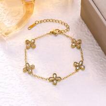 Elegant Stainless Steel Cubic Zirconia Four-Leaf Clover Bracelet, Necklace, Earrings Set, Fashion Jewelry Gift For Friends