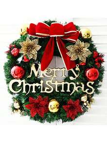 1件装圣诞装饰花环30厘米仿真蝴蝶结松果花环圣诞装饰门挂 - 綠色 - 查看 2