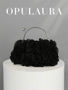 OpulAura 女士优雅花卉褶皱缎面手拿包 - 时尚雪纺花瓣手提包，配有链条肩带，适合新娘、婚礼、舞会、女生聚会、毕业派对、春晚、婚礼、鸡尾酒会和特殊场合 - 黑色 - 查看 2