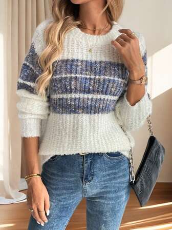 Suéter casual de mujer para otoño/invierno - Empalme a color, suéter para el hogar y las vacaciones, tejido versátil a juego de cuello redondo para mujeres