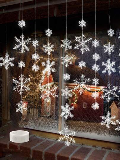 15pcs-White Christmas Snowflake Decorations Snow Crystals Decorations Wreath, 100 Pieces Round Double Sided Tape, Fish Line Suitable For Home Christmas Holiday Party Decoration Supplies