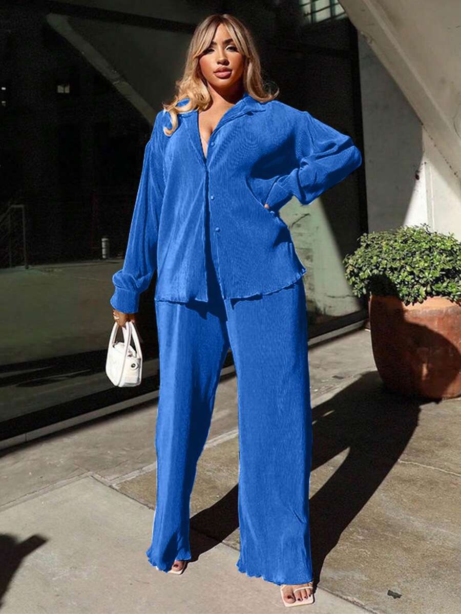 2pcs Women's Fashionable Pleated Shirt And Comfortable Wide-Leg Pants Set, Casual, Ladies Spring/Fall Casual Pocket, Zipper Long Sleeve Loose Blouse Pants Women Two-Piece Outfits, Casual Daily Wear - 寶藍色 - 查看 1