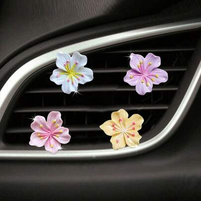 4 件装亮面桃花和樱花汽车出风口香氛夹，清新色调汽车香氛装饰夹（附带 4 个固体香氛垫）