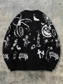 ANDREILEE Men's Casual V-Neck Printed Long Sleeve Sweater, Loose Fit Streetwear Style, Versatile For Spring, Autumn, Winter - Black - View 3