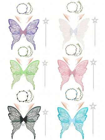 1 件/4 件仙女蝴蝶翅膀，狂欢节派对表演道具，闪亮蝴蝶翅膀婚纱天使翅膀，女士狂欢节服装配饰，金箔彩色翅膀花头饰精灵耳朵万圣节服装