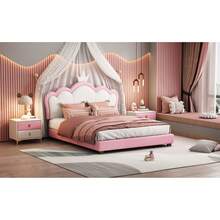 Full Size Upholstered Princess Bed With Crown Headboard For Girls, Full Size Platform Bed With Headboard And Footboard, White + Pink