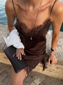 Women Lace Trim Satin High Low Tops Silk Spaghetti Strap Side Split Asymmetrical Cami Top Y2k Patchwork Irregular Hem Flowy Silky Layering Tops Coquette Going Out Party Undershirt Blouse Camisole Tops Streetwear - 棕色 - 查看 9