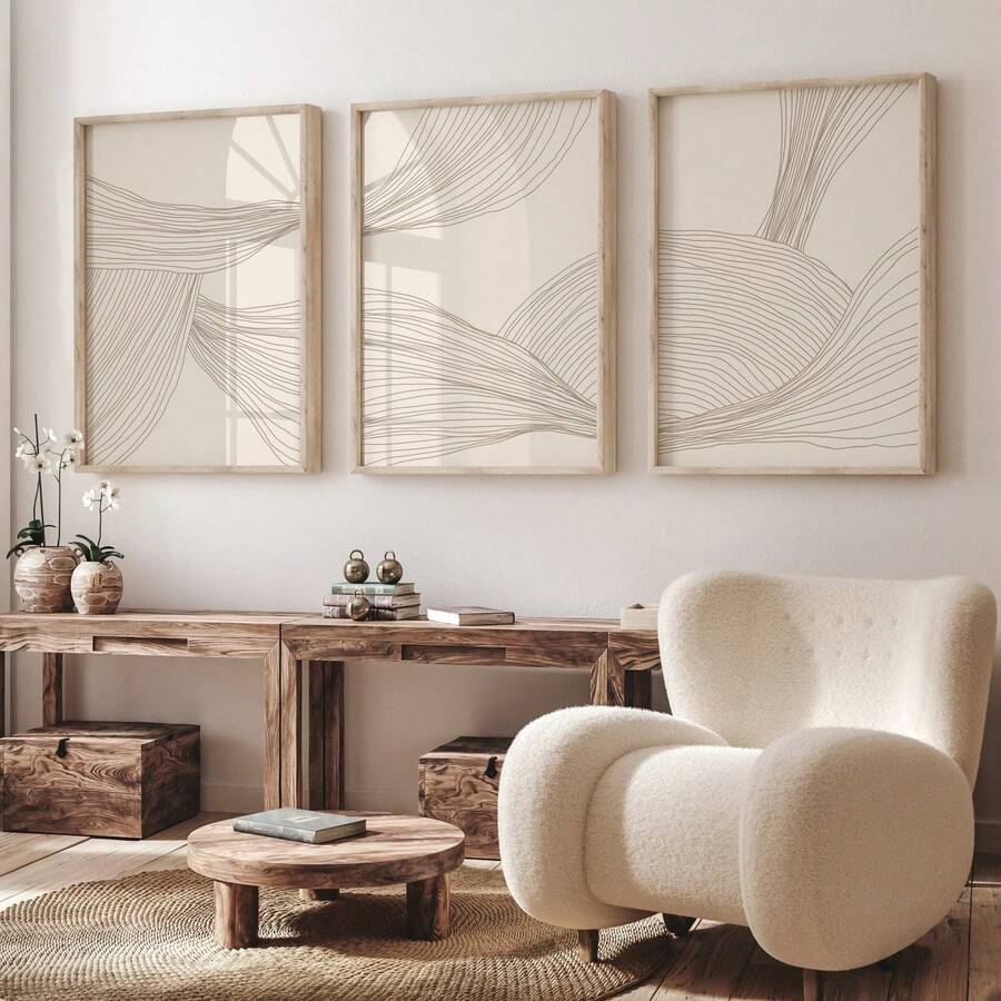 3pcs/Set Neutral Abstract Art Prints, Beige Line Art, Bohemian Home Decor, Canvas Print Modern Wall Art, Bohemian Digital Prints, Suitable For Home Decor, Room Decor, Bedroom Decor, Living Room Decoration, Bathroom Decor, Wall Decor, Optional Wall Art With Frame - Multicolor - View 1