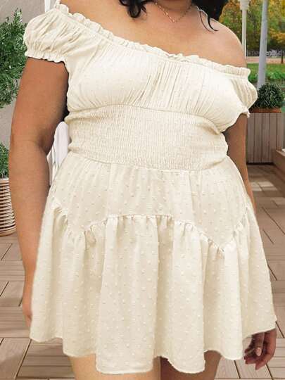Autumn Clothes Women's Plus Size Dress Stylish Solid Ruffled Trim Smocked Cap Sleeve Mini Dress For Spring And Summer