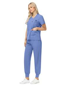 Pants Sets Short Sleeved Top Scrub Solid Color Surgical Gowns Hospital Accessories Manicurist Beautician Nursing Scrub Sets Women - Baby Blue - View 6