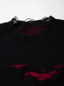 ANDREILEE Men's Casual Loose Fit V-Neck Pullover Sweater, Distressed Black Long Sleeve, Versatile Street Style, Suitable For Spring, Autumn, Winter - Black - View 4