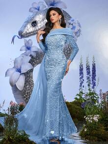 Elisanya 派对礼服香槟色亮片串珠长袖修身礼服适合晚宴、宴会、鸡尾酒会（大量装饰） - 淺藍色 - 查看 10