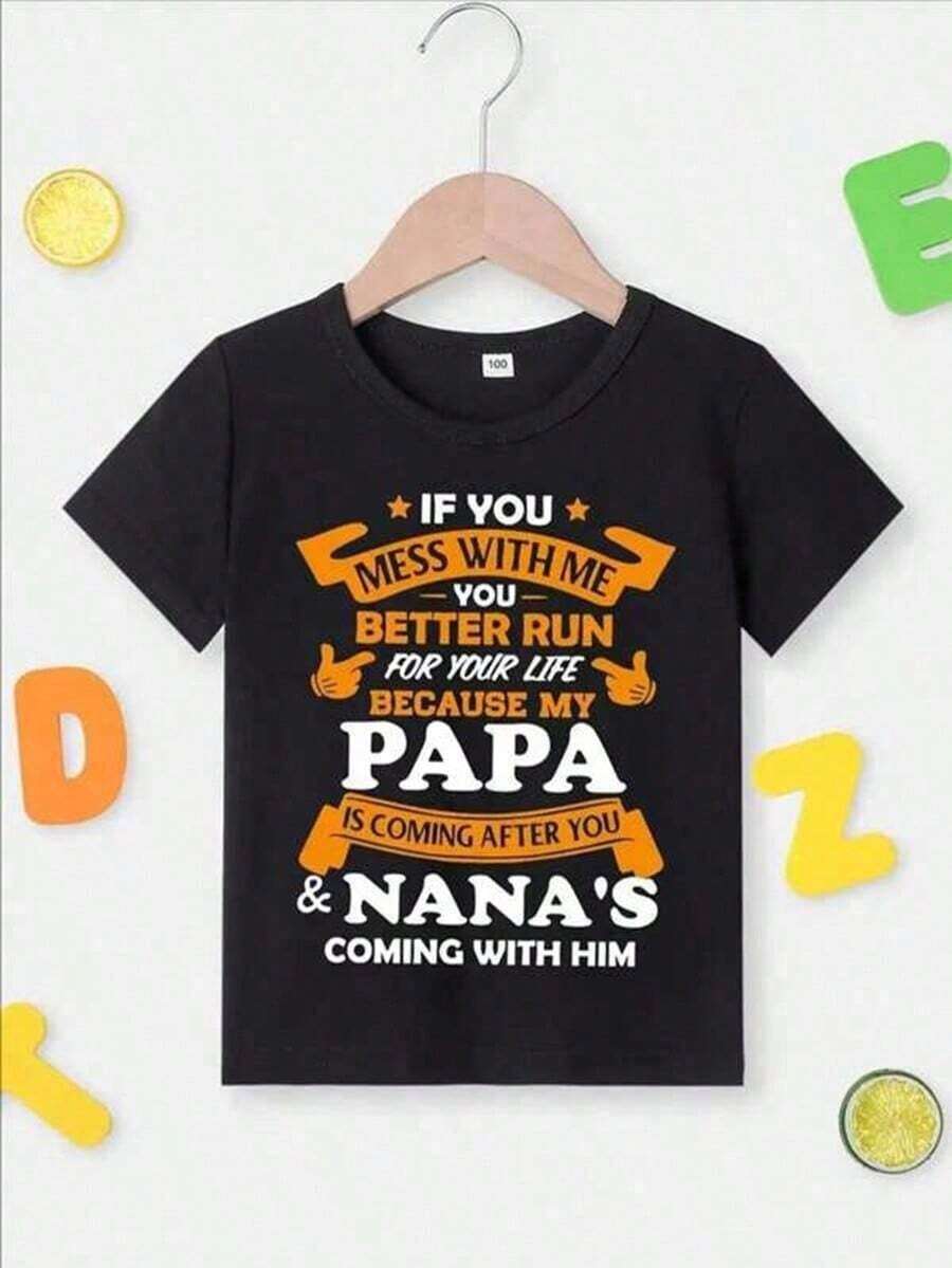 My Papa Is Coming Print Boy's Casual Tees, Short Sleeve Crew Neck Comfy T-Shirt Kids Summer Outdoor  Vintage Shirts Graphic Tees Men Camisas Para Hombre Funny Shirts Printed & Shipped In USA - 黑色 - 查看 1