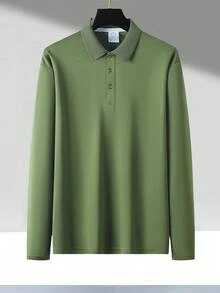 男士翻领长袖修身三扣设计常规版型商务休闲 Polo 衫，适合日常通勤、春秋季节 - 綠色 - 查看 5