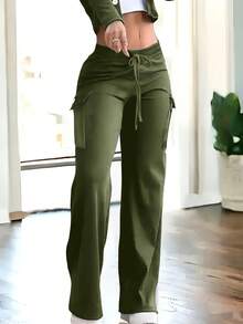 New Retro Y2K Olive Green Casual Loose Drawstring High Waist Multi-Pocket Long Cargo Pants, Streetwear Vintage Clothes Style Trousers Lightweight & Comfortable Fabric, Summer Outfits, Vacation Outfits - Màu xanh Ô liu - Xem 2