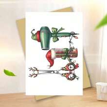 1pc Christmas Hairstylist Thank You Card - Holiday Greeting Card For Salon, Designed With Scissors, Comb And Hairdryer - Red And Green Christmas Theme - Includes Matching Envelope - Suitable For Hairstylists, Stylists, Customers - Christmas, New Year, Salon Appreciation Gift - Paper Card, Playful Illustration, Premium Cardstock, Stylist Expression