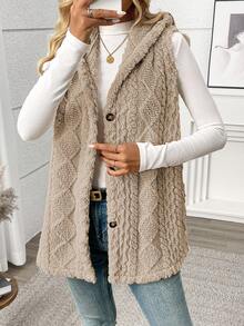 女式纯色无袖连帽仿皮草夹克，秋冬 - 駝色 - 查看 2