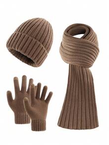 3 件套男士时尚简约纯色条纹针织帽、围巾和手套套装，秋冬季温暖户外运动休闲旅行配件（送给丈夫或男朋友的完美礼物）冬季保暖