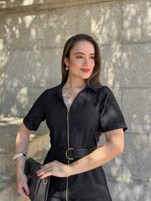 Rivera. Plain Short Sleeve Midi Dress WOMEN'S FASHION Summer - màu đen - Xem 3