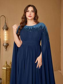 Đầm dạ hội thanh lịch dáng ôm bằng chiffon, cổ đứng, tay áo choàng, đính sequin của SUPGIR dành cho nữ cỡ lớn. - Màu xanh hải quân - Xem 6