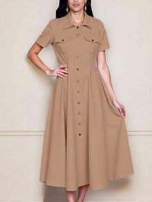 Women's Long Midi Dress With Buttons, Short Sleeves, With Pockets, Tailored Shirt, Elegant, Sensorial, Evangelical Fashion, Accentuated, Chemise 2026 - 卡其色 - 查看 2