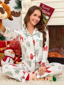 2pcs Set Piyama Nyaman Motif Asimetris Pohon Natal dengan Saku Gagang Payung, Atasan Lengan Panjang dan Celana dengan Trim Warna Kontras, Set Piyama Kasual Bahan Bubble Crepe Lembut, Pakaian Musim Gugur - Putih - View 1