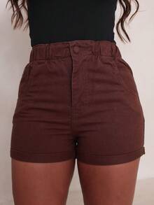 SHORT JEANS FEMININO COM CÓS ELÁSTICO E BARRA VIDARA - TERRACOTA - Visão 1