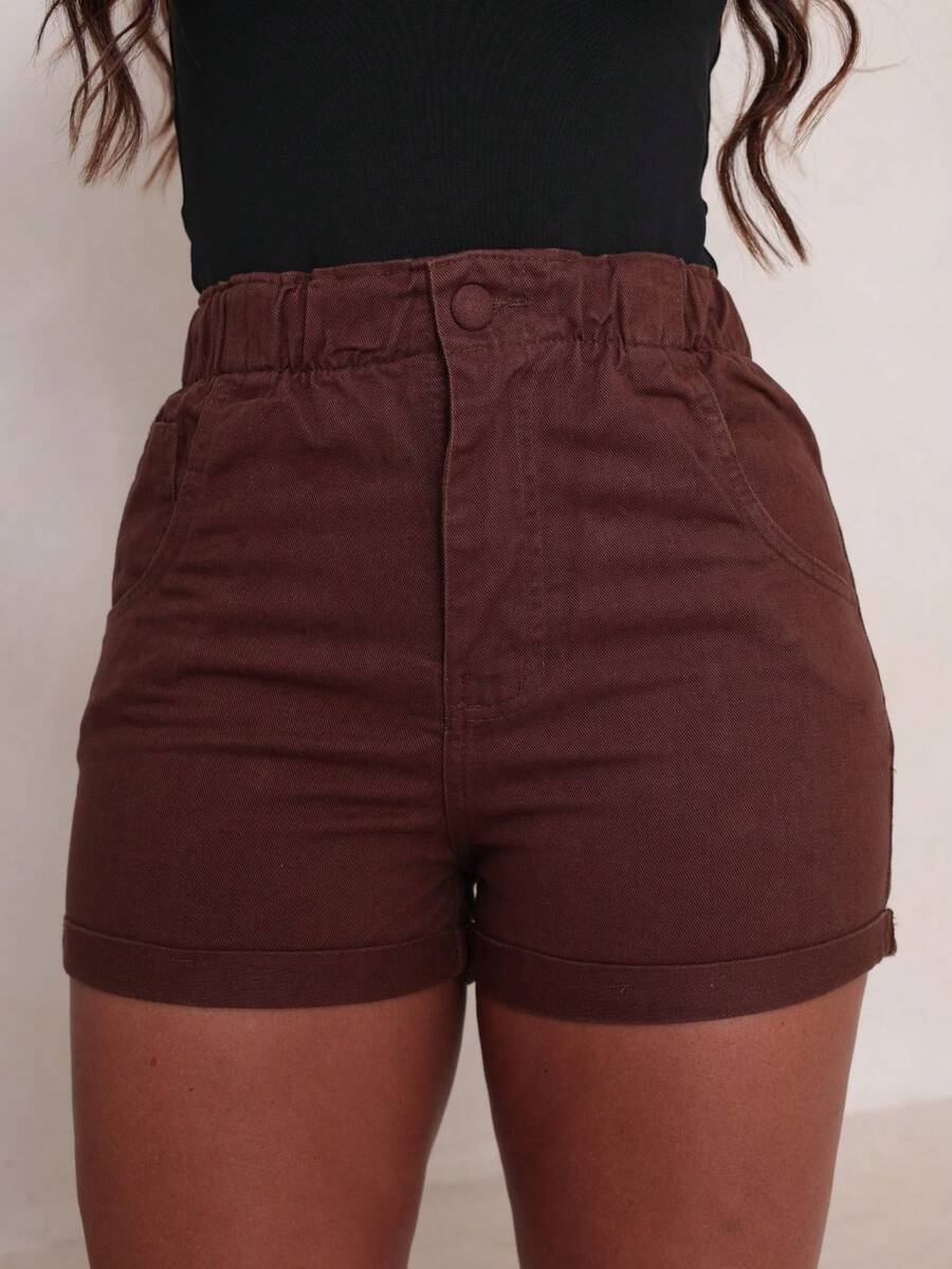 SHORT JEANS FEMININO COM CÓS ELÁSTICO E BARRA VIDARA - TERRACOTA - Visão 1