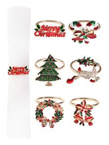 6-12pcs/Set Mixed Christmas Letter, Deer, Candy Cane, Wreath, Bell, Christmas Tree Napkin Rings, Holiday Tabletop Decorations