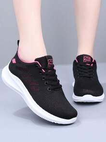 女士休闲运动鞋，轻便舒适的低帮步行鞋，圆头系带休闲跑鞋，网眼透气面料镂空轻便运动鞋