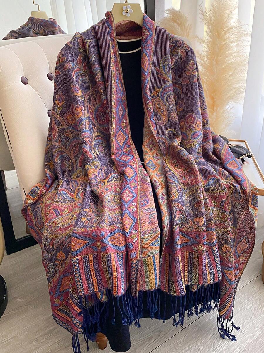 1 chiếc khăn choàng cổ giả cashmere dệt hoa văn Paisley thanh lịch dành cho nữ, khăn choàng tua rua đa năng phong cách Bohemian, phụ kiện ấm áp có thể đảo ngược cho hàng ngày, ngoài trời, du lịch - Màu tím - Xem 1