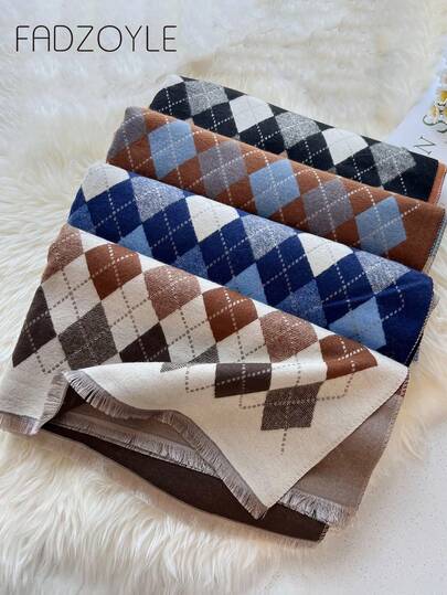 FADZOYLE 1 件复古菱形提花几何图案围巾男女通用情侣流苏羊绒手感温暖柔软时尚大披肩和围巾沙发毯围巾披肩适合日常使用优雅晚礼服旅行办公室婚礼和礼品配饰