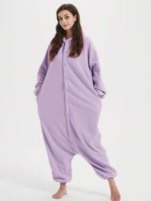 Unisex Cartoon Elf One-Piece Pajamas Hooded Cartoon Jumpsuit Fall Winter Christmas Animal Cosplay One Piece Pajamas, Funny One Piece Outfit For Halloween Party - 紫羅蘭色 - 查看 3