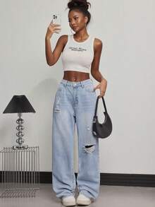 Blue Light Wash Straight Leg Ripped Boyfriend Jeans Daily Casual Outfit For Women Denim Long Pants Street Or School Wear