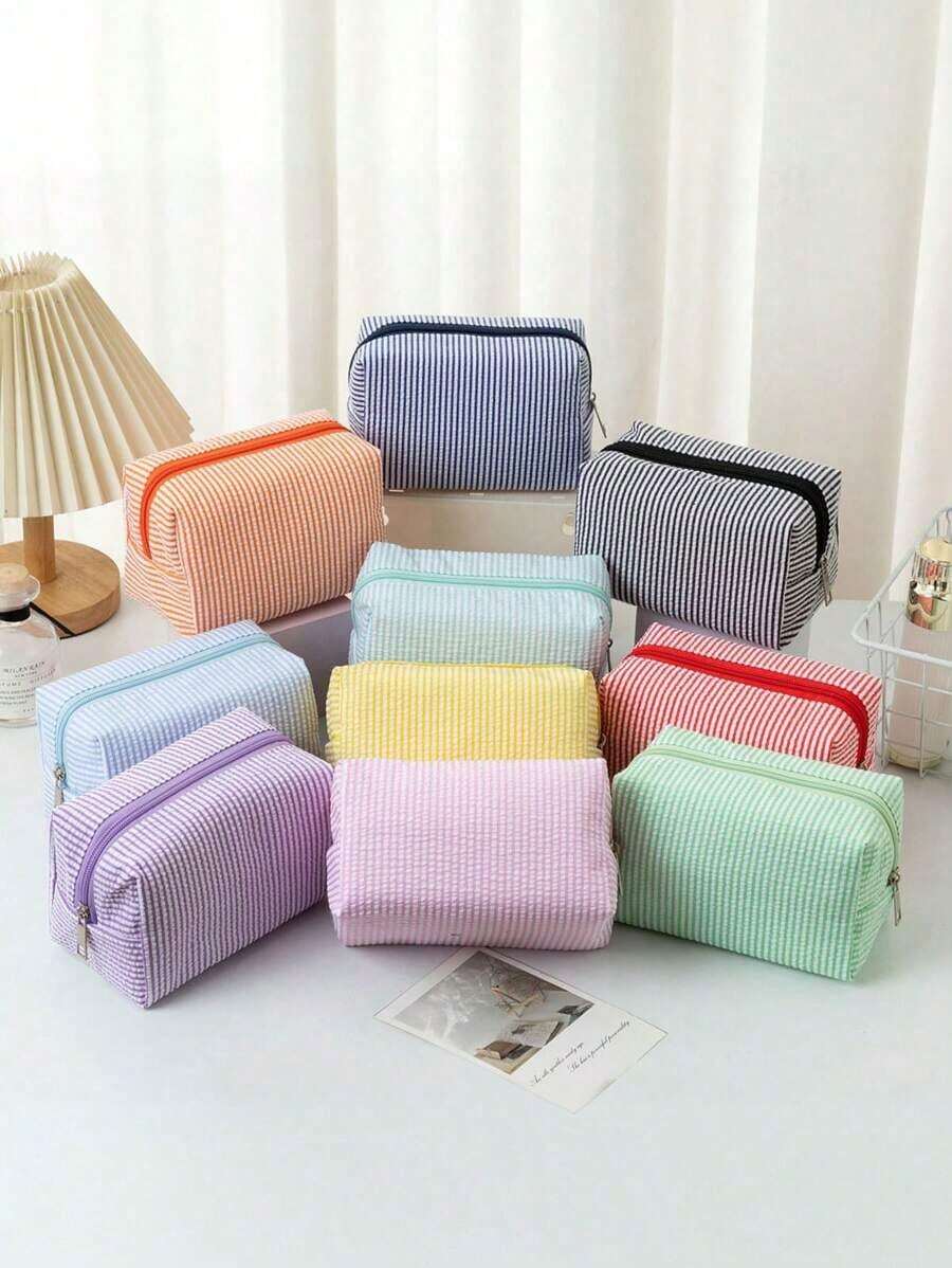 1pc Polka Dot Mesh Cosmetic Bag, Embroidered Striped Travel Toiletry Organizer, Suitable As Birthday Gift, Stylish Makeup Bag For Travel, Beach, Bathroom, Bedroom, Large Capacity - 彩色 - 查看 1