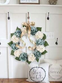 Artificial Hydrangeas Wreath - 17.7in Autumn Floral Garland With Hydrangeas, Fall Foliage - Hanging Door Decoration For Front Door, Mantel, Table Centerpiece - Easy Hang Loop - Thanksgiving, Christmas, Home Decor - Year-Round Fall Decoration - 白色和藍色 - 查看 3