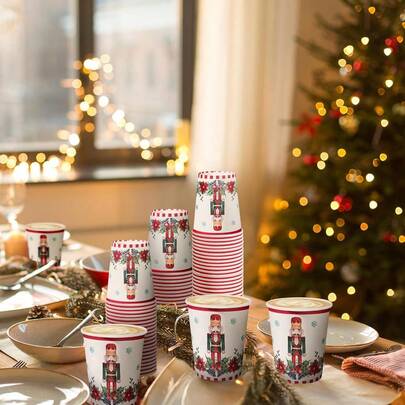 10/20/40 pezzi Bicchieri di carta usa e getta da 9 once per feste di Natale - Bicchieri di carta con decorazioni natalizie di Schiaccianoci e Poinsettia, forniture per feste invernali e natalizie, decorazioni natalizie