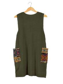 Plus Size Casual V-Neck Random Print Pocket Knit Sweater Dress - Army Green - View 2