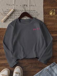 女童休闲彩色印花圆领长袖T恤，秋季学生少女装 - 这款色彩鲜艳的印花T恤一定会让孩子们笑容满面。“上帝在她里面，她必不跌倒”情人节服装 - 深灰色 - 查看 3