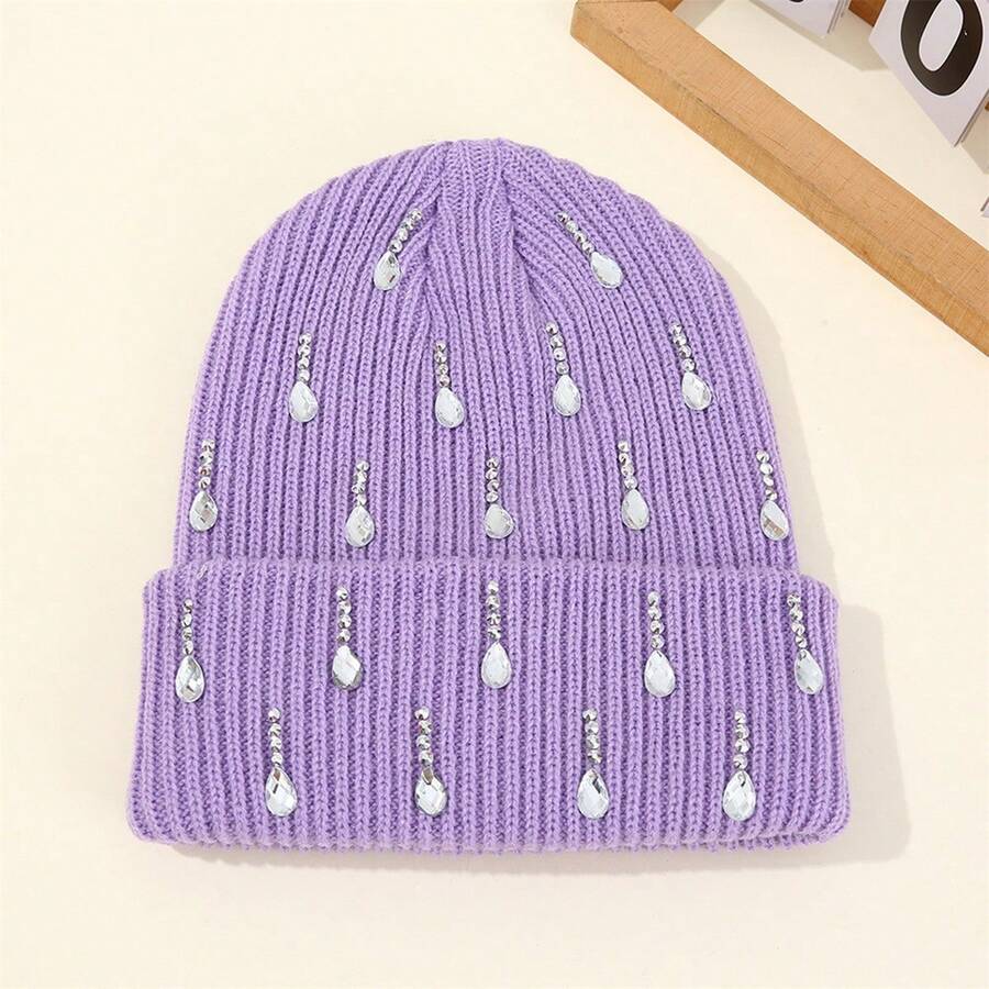 Knit Rhinestone Embellished Hat For Women, Winter Warm Beanies Cap For Outdoor Shopping, Dating, Ski - Màu tím - Xem 1